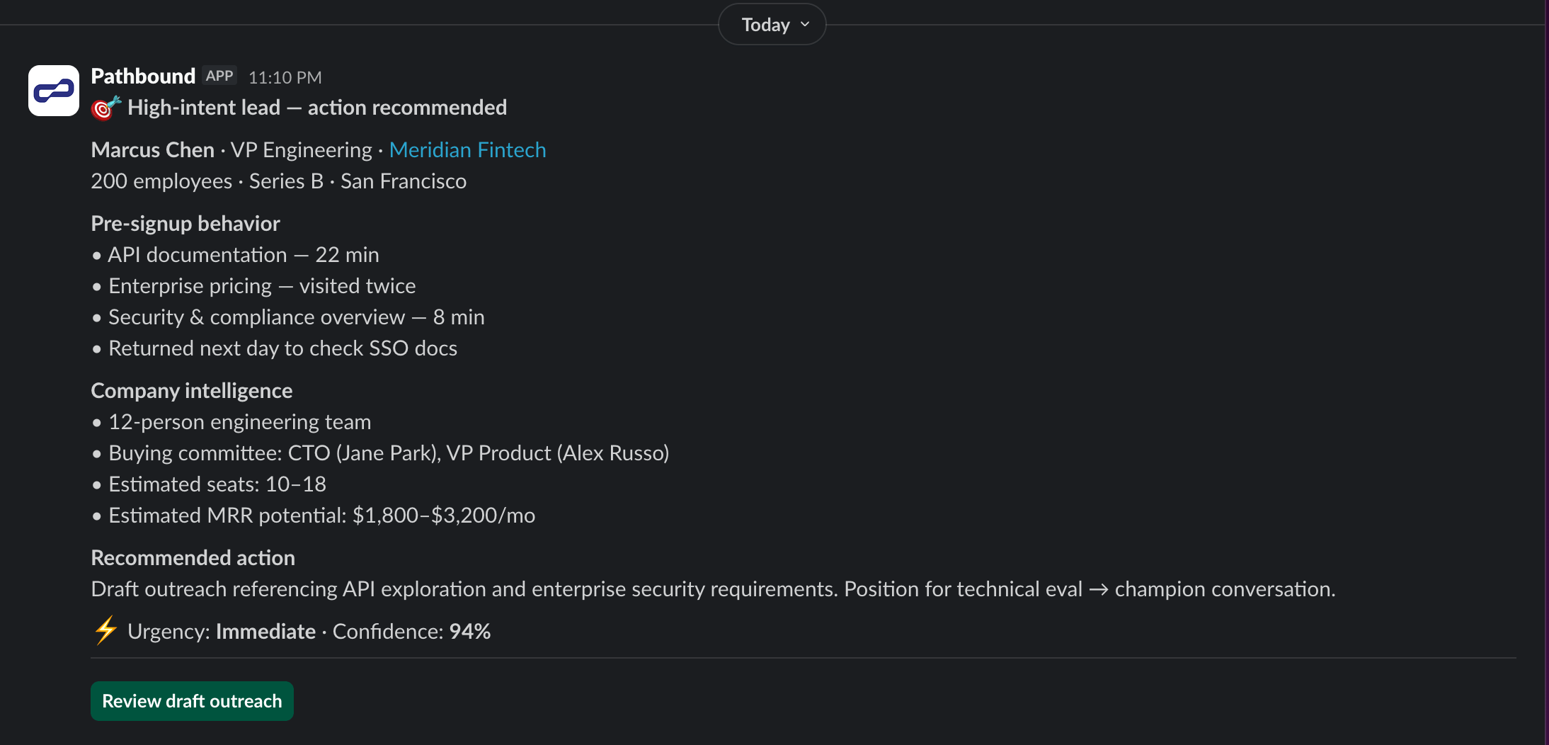 Slack notification from Pathbound showing Marcus Chen flagged as a high-intent lead with pre-signup behavior, company intelligence, and a recommended action